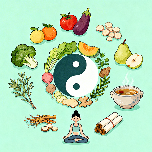 清新手绘风健康养生主题插画，画面是柔和的薄荷绿底色，中央围绕着太极图案摆放着新鲜蔬果、中草药、瑜伽小人、盛着热汤的陶瓷碗、艾灸条等元素，用圆润的线条和马卡龙色调绘制，风格软萌治愈，充满轻松的养生氛围感，传递健康生活的轻松感