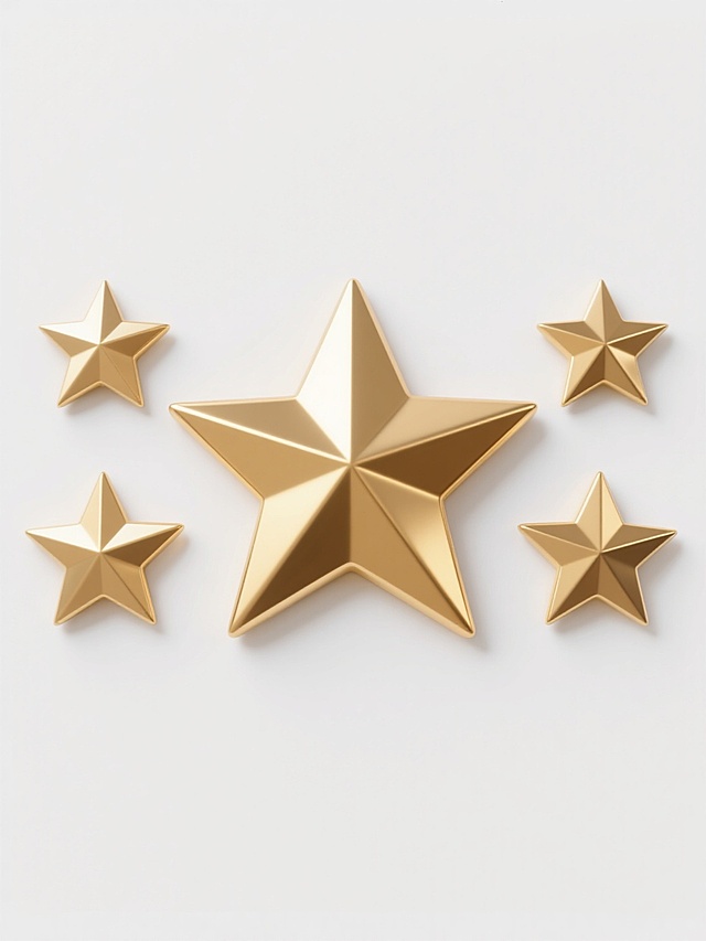 五个金色五角星，中央为一颗较大的五角星，两侧各分布两颗较小的五角星，呈对称弧形排列。所有五角星具有金属质感，表面有清晰的几何棱角和高光反射，呈现出立体感。背景为纯白色，干净简洁，整体画面符合现实光影逻辑，适合作为背景素材使用。