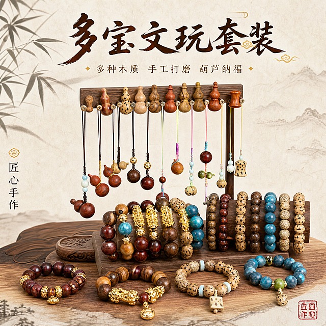 [主图-1] 主题：多宝文玩手串葫芦挂饰套装首图，展示全套产品的国风雅致氛围与丰富款式。
[统一基调] 国风禅意风格，浅米白宣纸质感背景，点缀淡墨竹影与木纹元素，整体温润雅致；标题用书法感宋体，深棕褐色主标题，浅褐色辅助文字，金色点缀色；卡片用细描边圆角矩形，整体克制高级。
[画面] 画面中央陈列全套文玩手串与葫芦挂饰，包含多种木质（紫檀、崖柏、花梨、千眼菩提等）手串与葫芦挂坠，产品整齐摆放在深棕色实木展示架上，层次分明；左侧悬挂3款不同木质葫芦挂饰，右侧展示4款不同材质手串，中间错落摆放金色貔貅配饰手串；产品占画面约65%，视角为微俯视45度，完整展示所有产品款式与材质纹理；背景为浅米白宣纸纹理，左上角有淡墨竹叶剪影，右下角有一枚红色篆刻印章装饰，营造国风禅意氛围。
[光影质感] 柔和侧上方自然光，木质纹理清晰温润，金属配饰有细腻高光，整体光影均匀，无硬阴影，体现文玩的温润质感与收藏价值。
[配色] 背景浅米白，产品以深棕、浅棕、米黄、金色为主，文字深棕褐色，点缀金色与朱红色印章。
[文字版式] 画面上方居中主标题「多宝文玩套装」，书法宋体大字；下方小字副标题「多种木质 手工打磨 葫芦纳福」；左下角竖排小字「匠心手作」；文字不遮挡产品主体，放在负空间区域。
[输出要求] 1:1正方形比例，文字清晰可读，产品清晰锐利，木质纹理真实；负向：变形、错字、模糊、杂乱、水印、平台Logo、塑料感、廉价感、夸张色彩。