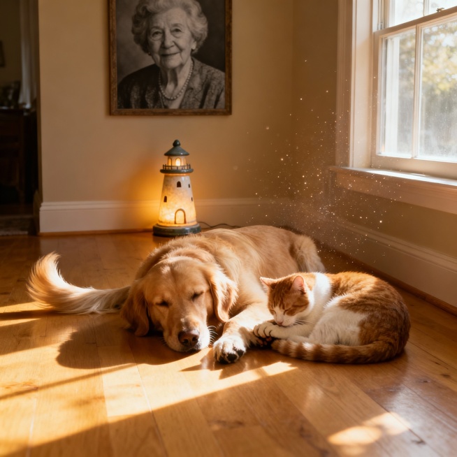 温馨的室内场景，一只温顺的金毛犬趴在木地板上，尾巴轻轻摇摆，旁边蜷缩着一只橘白相间的猫咪，正用头蹭着狗狗的爪子。阳光透过窗户洒进来，在地面形成温暖的光斑，空气中漂浮着细小的尘埃。墙上挂着一幅奶奶慈祥的预览效果