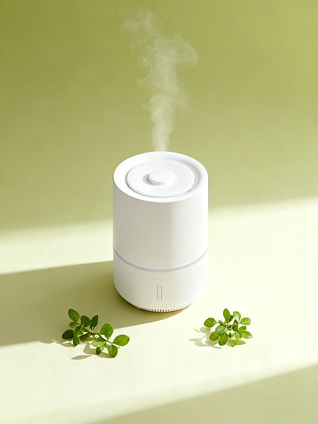 清新绿意中，白色加湿器轻吐雾气，简约线条融合自然元素，性冷淡风与轻拟物设计交织，营造舒适科技感空间。