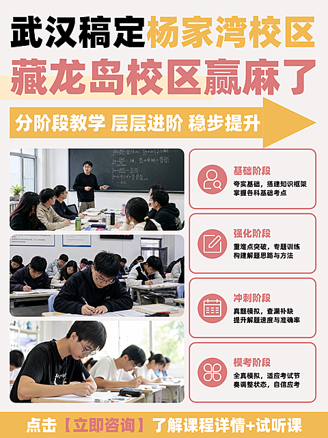 小红书设计｜教育培训分阶段教学稳步提升海报。画面展示教室授课与学员专注学习场景，清晰呈现基础、强化、冲刺、模考四个教学阶段内容。采用粉色系清新配色搭配图标设计，适合教育机构用于招生宣传或课程推广活动。