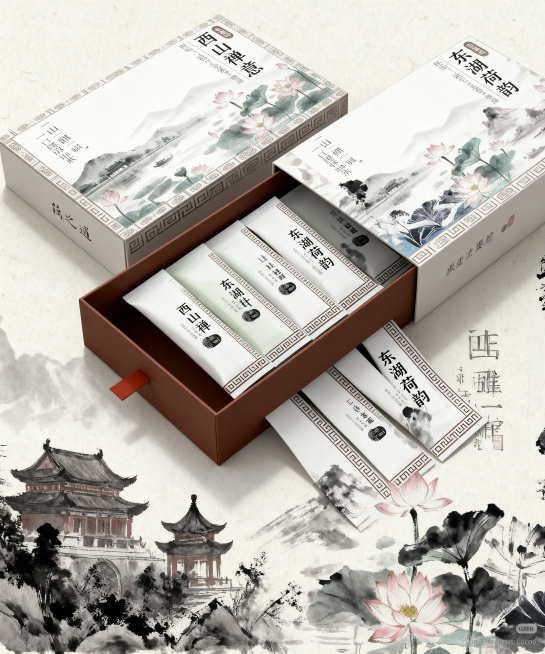参考图一打开礼盒展示内小包装的形式，为图二的贵港藕粉「西山+东湖」两个包装分别生成打开礼盒的效果图，礼盒内拉出多个独立小包装，每个小包装上带有对应款式的文字「西山禅意」「东湖荷韵」和对应主视觉图案、回预览效果
