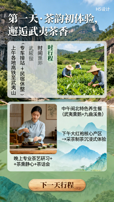 易企秀H5第五页Day1行程详情，主标题“第一天·茶韵初体验，邂逅武夷茶香”，竖排时间行程：上午各地高铁至武夷山→专车接站→民宿休整；中午闽北特色养生餐（武夷熏鹅+九曲溪鱼）；下午大红袍核心产区→采茶预览效果