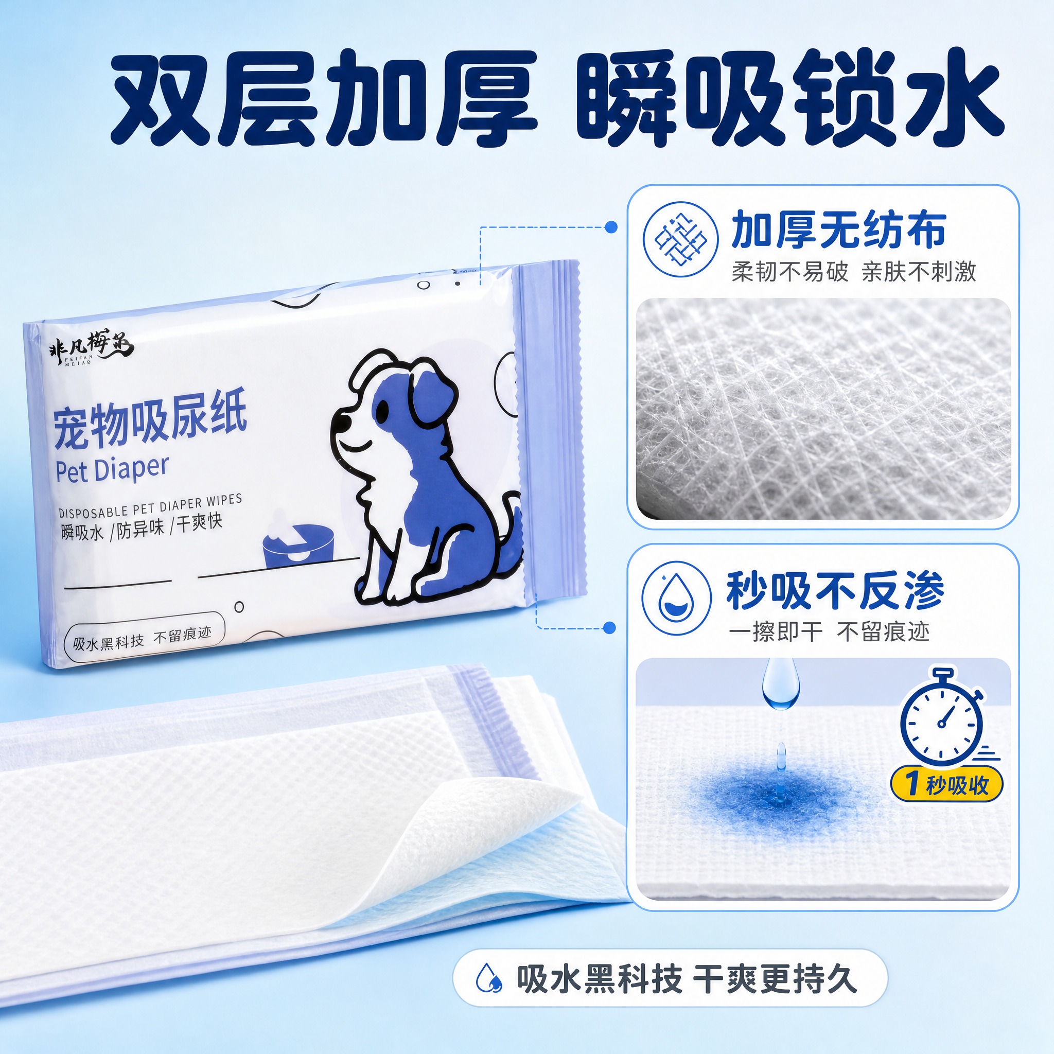 [主图-2] 宠物吸尿纸核心功能卖点图，展示双层加厚无纺布材质… - 图片创意预览