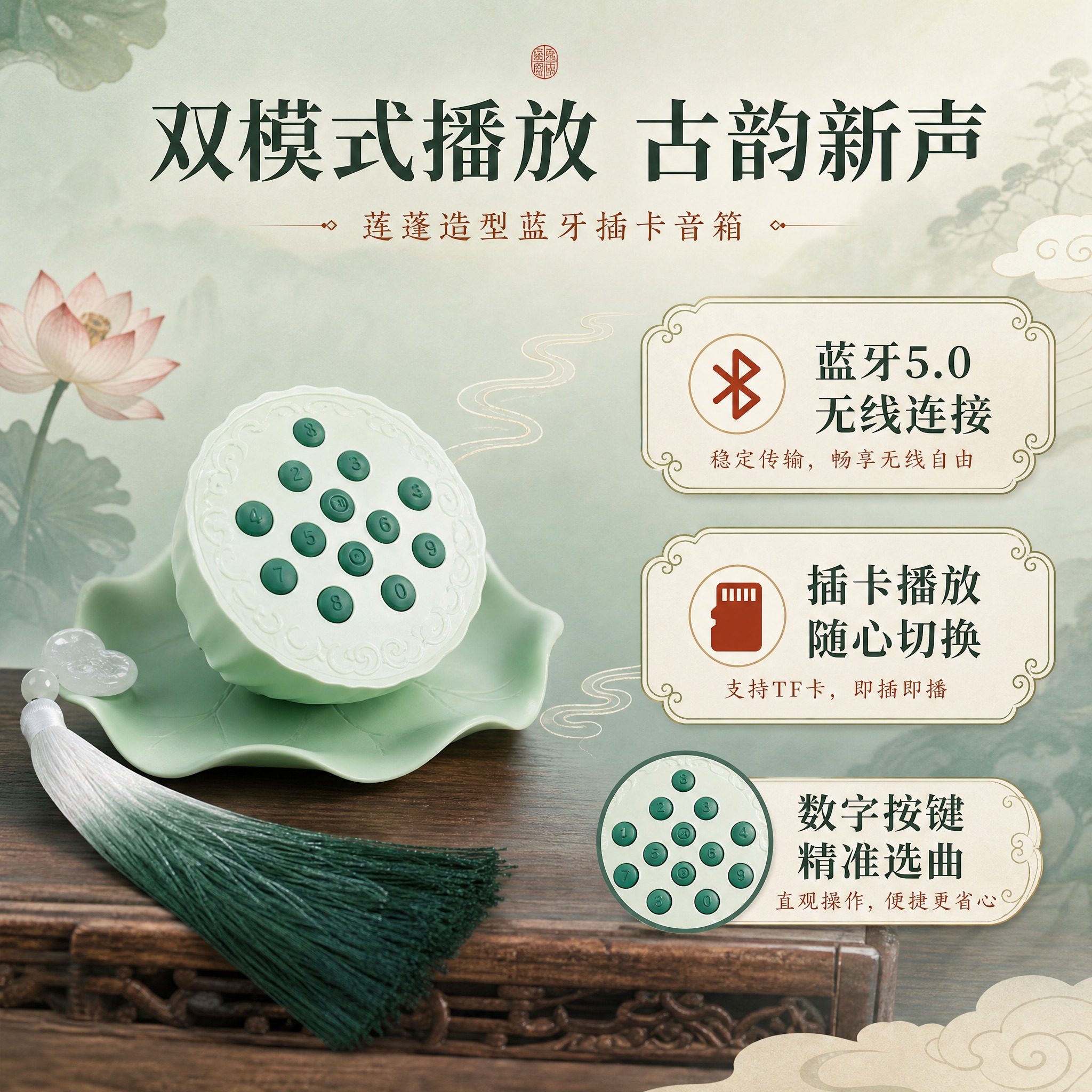 [主图-2] 莲蓬造型蓝牙插卡音箱 核心价值与双模式播放卖点展… - 图片创意预览