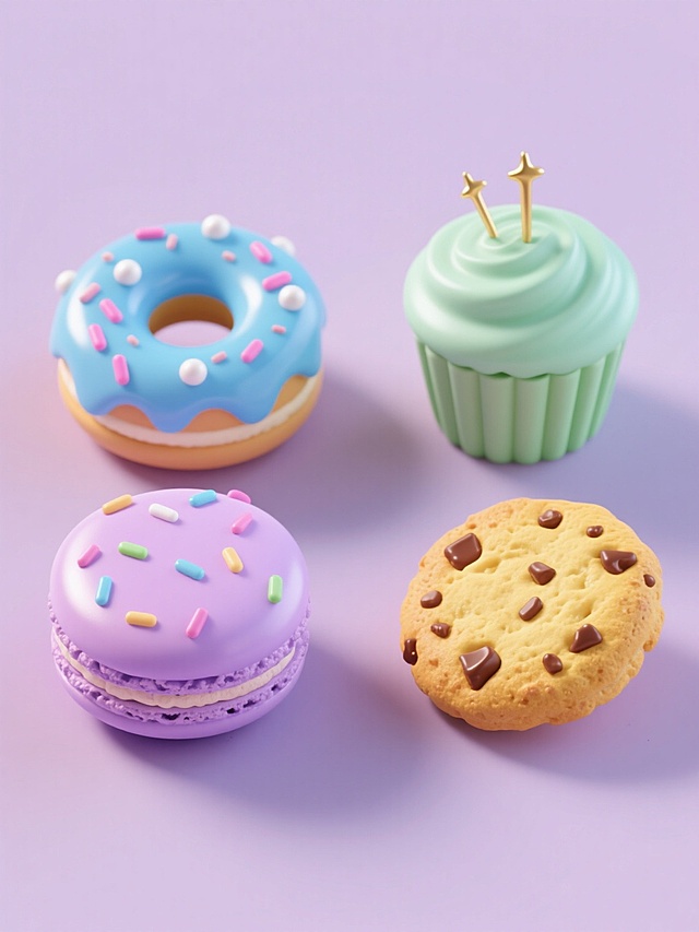 一组四个不同甜点的系列素材集合，规整排布在纯色背景上，保持3D渲染的写实风格，每个甜点都有光滑的糖霜涂层和彩色糖屑装饰，整体色彩变换为不同的马卡龙色系，包括淡紫色马卡龙配粉色糖屑、天蓝色甜甜圈配白色糖珠、薄荷绿纸杯蛋糕配金色糖针、鹅黄色曲奇饼干配巧克力碎，光线柔和，阴影细腻，高光表现自然，构图对称，视觉层次清晰，信息传达简洁，符合甜品宣传的设计感，适合年轻女性受众。