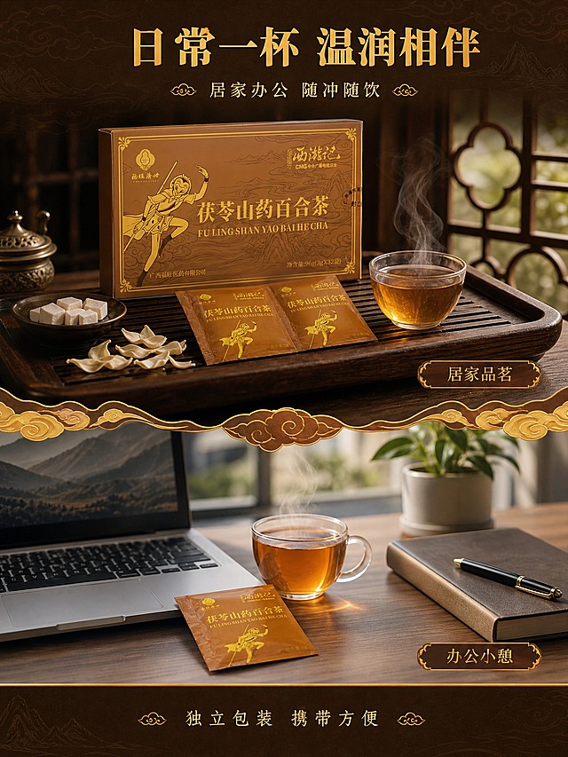 [商品] 使用本轮茯苓山药百合茶产品图；保留礼盒与独立茶包深棕金色外观、孙悟空线描图案、品名与联名标识；产品自然融入场景，包装文字清晰可读。
[画面] 第4张 场景种草页，目标营造日常饮用代入感；场景拼图型构图，上下两段式竖拼：上段居家茶席场景——深色实木茶盘上，礼盒侧立、两袋茶包平放、一杯热茶冒热气，旁有百合干与茯苓块点缀，背景中式花窗暖光；下段办公桌面场景——简约木质办公桌，笔记本电脑旁放一杯热茶和一袋茶包，体现办公间隙饮用；两段之间用金色祥云分隔线过渡；产品在两个场景中均清晰可见，整体传递居家办公皆宜的生活方式。
[视觉] 套系策略：风格=深棕暗金国风祥云商业摄影；标题字=厚重宋体国风书法感；正文字=细宋体；主色=深棕赭石；背景延展=基于深棕做深浅渐变、同色系祥云纹样、远山线条与木质纹理延展；强调色=暗金色，仅用于小面积标题、图标、引线、标签和装饰线条；标题色=暗金色；正文色=米金色；组件=金色细线分隔、场景标签条、祥云装饰；光影=暖调柔和自然光，上段偏暖黄茶席光，下段偏明亮办公自然光，均温润不刺眼。
[文字] 顶部主标题"日常一杯 温润相伴"，副标题"居家办公 随冲随饮"；上段场景右下角标注"居家品茗"，下段场景右下角标注"办公小憩"；底部小字"独立包装 携带方便"；文字横排，字号手机端可读；无医疗功效描述。
[规格] 图片比例3:4竖版，2K，避免变形、错字、文字过小、冷蓝/蓝灰背景、包装文字错乱、医疗功效词。