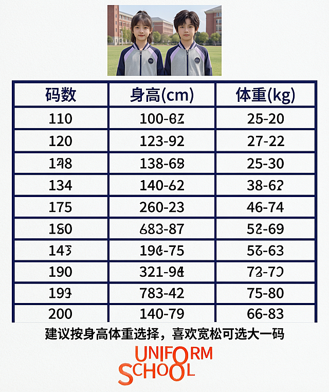 [第8张] 尺码表页-秋季长袖校服套装尺码选购指南。本张使用【图5】作为尺码表参考，使用【图1】作为人物参考。
[氛围/风格] 清晰实用信息风，干净简洁，选购指南感，商业设计质感。
[元素布局] 画面上半部分为男女学生模特小图展示，占比约25%，两人身穿套装站在校园背景中，作为尺码参照示意；下半部分为完整的尺码参照表，占比约60%，表格清晰列出码数、身高(cm)、体重(kg)三列，从110码到200码共15个尺码，数据与用户提供的尺码表完全一致；表格下方有选购建议文字；底部有UNIFORM SCHOOL装饰字样。
[光影质感] 整体光线均匀明亮，表格清晰易读，人物小图光线自然。
[配色色系] 全局底色白色#FFFFFF；主色藏青#1A237E（表格边框和标题）；辅助色淡紫#CE93D8（装饰）+ 黑色表格文字。
[视角构图] 上下分区，上小图下表格，信息从上到下流动，表格居中对齐。
[文字版式] 版式为顶部人物小图 + 中部尺码表 + 底部选购建议。顶部标题「尺码/号型参照表」，黑体加粗居中；表格为三列，表头为「码数」「身高(cm)」「体重(kg)」，每行一个尺码，黑色边框，白色底，文字清晰；表格下方标注「建议按身高体重选择，喜欢宽松可选大一码」；底部橙色手写风格「UNIFORM SCHOOL」装饰；整体移动端友好，字号适中。
[比例分辨率] 9:16 竖版比例，4K分辨率，文字清晰可辨，高清画质。
[负向提示词] 表格变形，数字错误，文字模糊，水印，文字错乱，颜色偏差，表格线条不清晰。