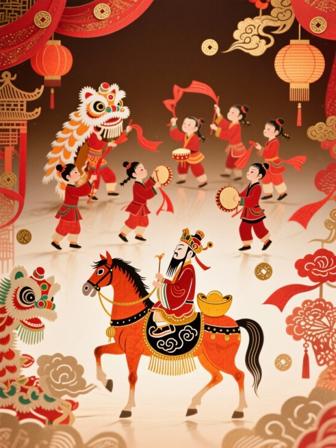 皮影戏，纯皮影风格（皮影，微透明），纯平面， 主体是穿红衣的孩童们（有的舞狮头、有的摇红绸、有的敲小鼓），画面下方是财神骑橙红骏马（装饰黑纹云纹、金穗流苏），周围环绕皮影质感舞狮道具、红绸带、皮影质感预览效果