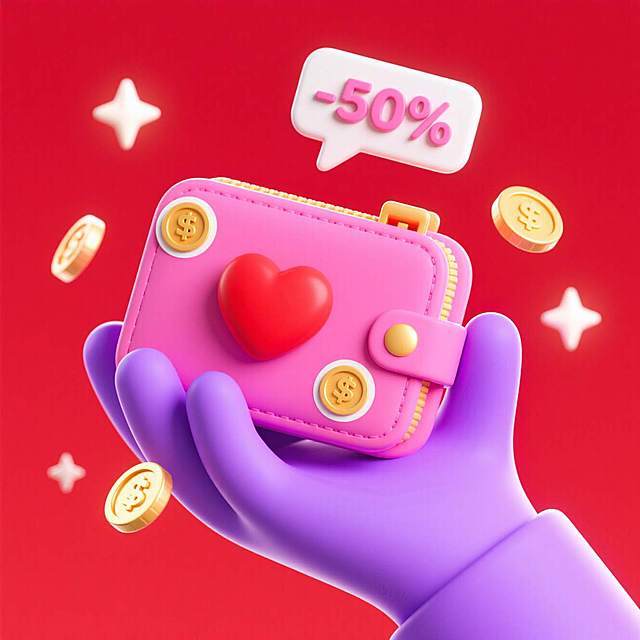 画面中心是一只紫色的手托举着一个大大的粉红色的钱包，钱包上有冒出一个对话框，里面写着“-50%”，钱包上粘有一些红色爱心和金币的贴纸。四周围绕着几个星星，红色背景。