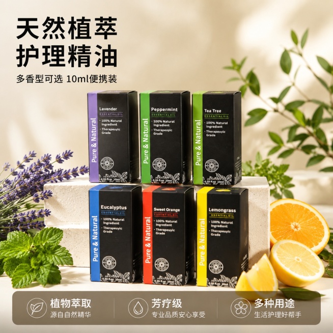 [主图-1] 10ml天然植物精油套装首图，展示六种精油产品组合。
[氛围风格] 纯净天然高级感，通透水润亮调，商业静物摄影质感。
[画质] 商业摄影质感、光线柔和通透、产品清晰真实、画面干净高级。预览效果