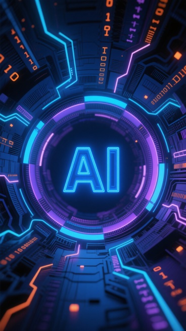 深邃暗蓝色调的赛博朋克风格人工智能主题海报，画面中央以发光霓虹蓝立体字体呈现“AI”核心符号，周围环绕由流动数据光带、抽象电路板纹理和二进制代码组成的放射状隧道结构，整体营造出科技感与未来感的沉浸式氛围。背景融入动态粒子效果和渐变光影，通过高对比度光影处理突出视觉层次感，科技蓝与紫色渐变作为主色调，点缀少量亮橙色数据点作为视觉引导，展现人工智能的前沿性与数据流动的动态美感，设计风格强调未来科技……预览效果
