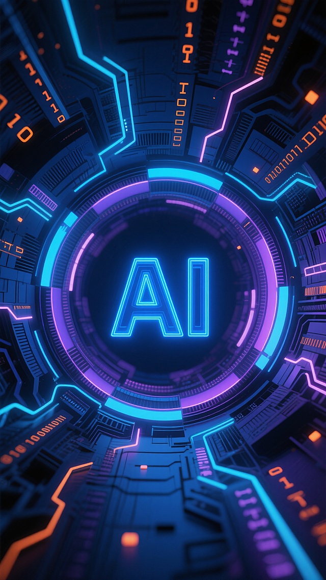 深邃暗蓝色调的赛博朋克风格人工智能主题海报，画面中央以发光霓虹蓝立体字体呈现“AI”核心符号，周围环绕由流动数据光带、抽象电路板纹理和二进制代码组成的放射状隧道结构，整体营造出科技感与未来感的沉浸式氛围。背景融入动态粒子效果和渐变光影，通过高对比度光影处理突出视觉层次感，科技蓝与紫色渐变作为主色调，点缀少量亮橙色数据点作为视觉引导，展现人工智能的前沿性与数据流动的动态美感，设计风格强调未来科技的精密与神秘感，适合科技展览或AI技术宣传使用。
