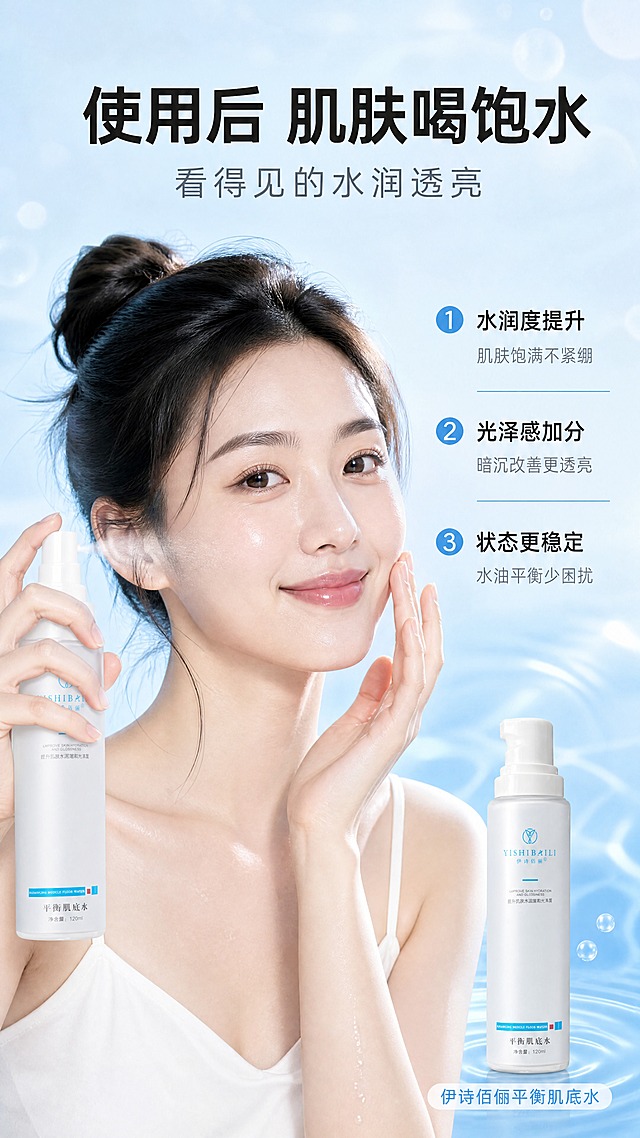 [商品] 使用【图2】伊诗佰俪平衡肌底水；保留白色磨砂瓶身、白色按压泵头、蓝色YISHIBAILI伊诗佰俪Logo、底部蓝色平衡肌底水标签；产品缩小置于画面右下角，占画面约15%。
[画面] 目标：真人效果展示，亚洲女性使用产品后肌肤水润透亮。画面主体为一位亚洲年轻女性半身像，位于画面中央偏左，她正用手轻拍脸颊，脸上有水润光泽，肌肤状态饱满透亮。她的一只手拿着产品正在喷洒（产品以图2外观为准）。背景为柔和的浅蓝色渐变，有水光光斑和朦胧水波纹。右侧竖排3个编号效果点。
[视觉] 套系策略：风格=清透水润高级商业摄影风；标题字=现代简约无衬线粗体；正文字=简洁无衬线体；主色=浅冰蓝；背景延展=基于浅冰蓝做柔和渐变、水光光晕、朦胧水波纹；强调色=清透蓝，仅用于编号圆点、图标高光；标题色=深炭灰黑；正文色=中灰蓝；组件=编号圆点、短横线分隔、圆角标签；光影=柔和正面光，人物肌肤有自然水润光泽，整体明亮通透。
[文字] 顶部主标题"使用后 肌肤喝饱水"，副标题"看得见的水润透亮"；右侧3条编号效果：1号"水润度提升"配小字"肌肤饱满不紧绷"，2号"光泽感加分"配小字"暗沉改善更透亮"，3号"状态更稳定"配小字"水油平衡少困扰"；右下角产品旁标注"伊诗佰俪平衡肌底水"；文字均为横排。
[规格] 图片比例9:16竖版，4K，避免变形、错字、文字过小、人物表情僵硬、医疗功效表述、夸大效果对比、欧美面孔。