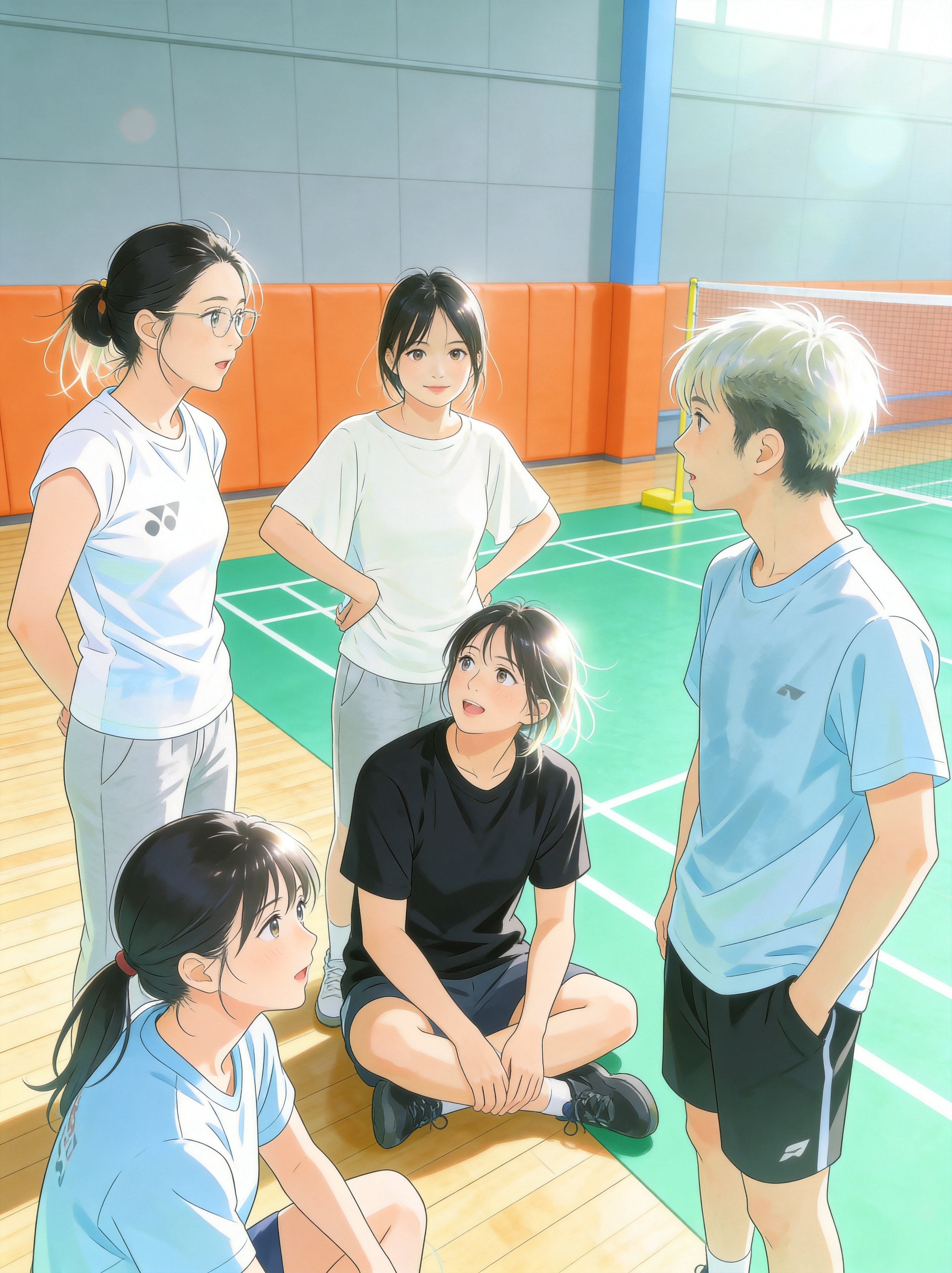 生成日系漫画风多人合影写真，仅保留参考图1中五个人物的脸型、发… - 图片创意预览