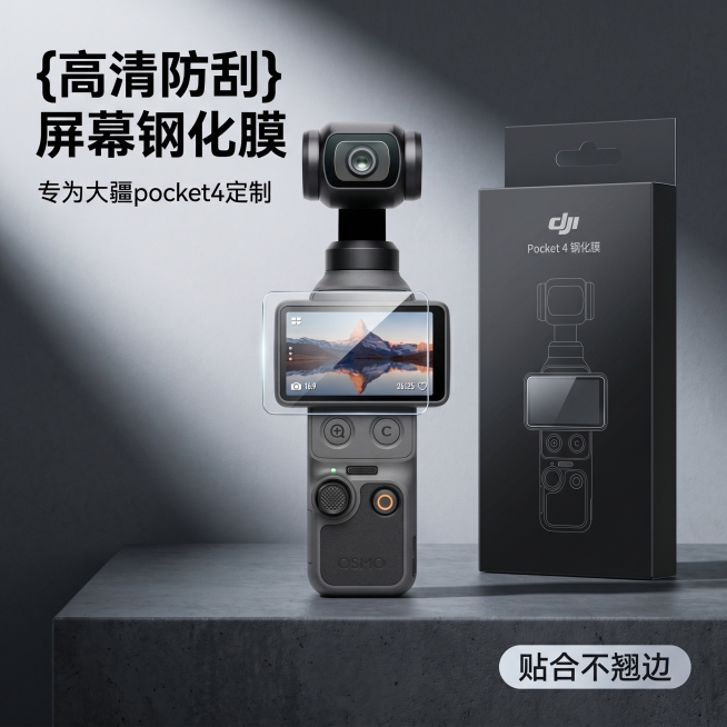 [主图 1] 大疆pocket4运动相机屏幕钢化膜产品首图
[氛围风格] 简约高级科技风
[画质] 商业摄影质感、光线柔和通透、产品清晰真实、画面干净高级
[元素] 大疆pocket4运动相机居中展示预览效果