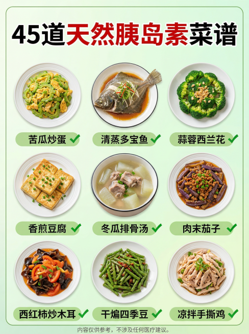 生成一张健康食谱海报，主题为面向中老年血糖管理人群的养生家常菜。整体风格清新治愈，中老年友好，浅绿色渐变背景，带绿色细边框，画面干净无冗余元素。海报顶部居中位置，放置大号加粗黑体文字「45道天然胰岛素预览效果