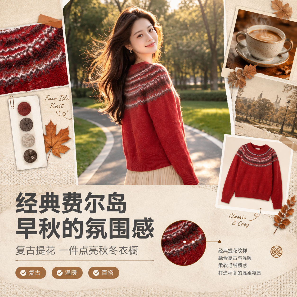 [商品] 使用【图3】红色费尔岛提花圆领毛衣，保留圆领、提花图… - 图片创意预览