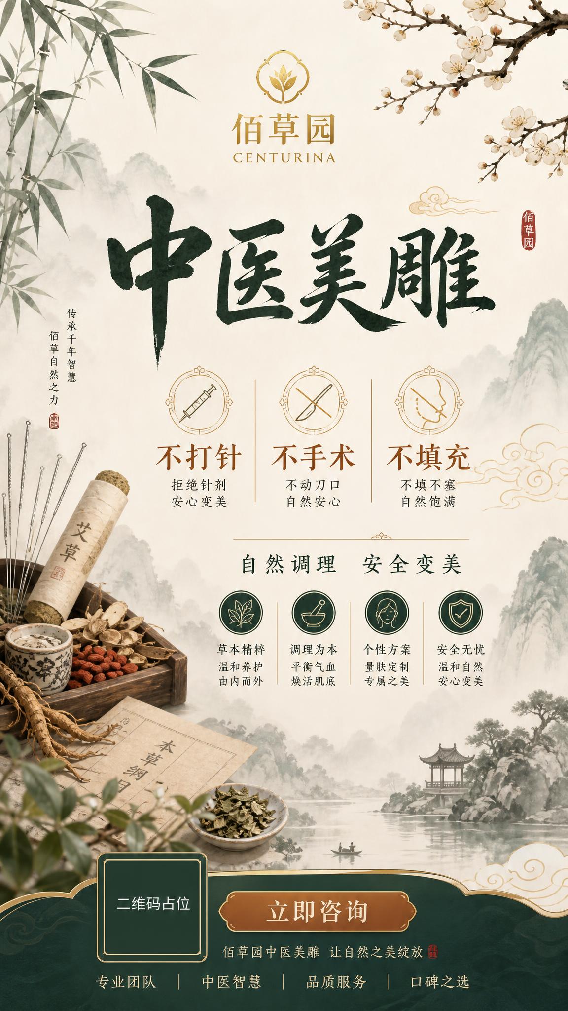 新中式国风佰草园中医美雕品牌海报，竖版9:16。顶部放置金色「… - 图片创意预览