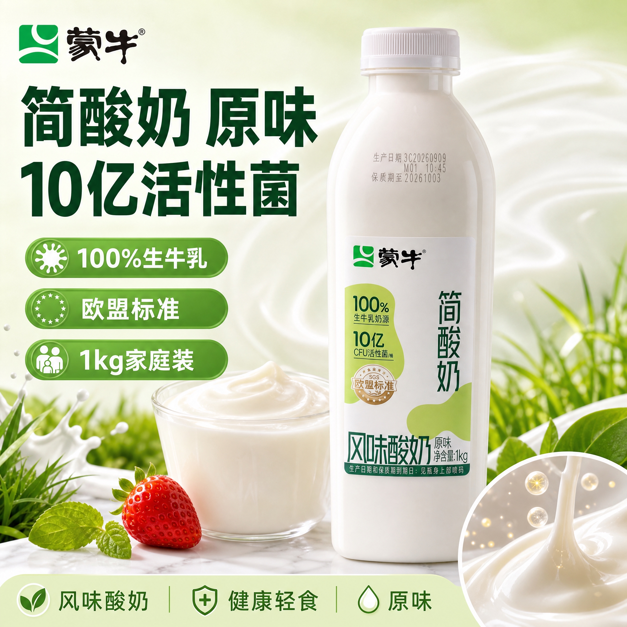 [单张主图] 蒙牛简酸奶原味1kg，爆款促销感主图，突出100… - 图片创意预览