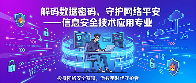 横版公众号首图，尺寸1800*766px，赛博科技氛围感，紫蓝渐变赛博背景，漂浮防火墙图标、加密锁、网络攻防数据流、云端线条。中间是简约扁平插画：青年工程师操作电脑搭建网络安全防线，淡蓝光带环绕。潮流年轻化，扁平插画风格。主标题用醒目白色字体："解码数据密码，守护网络平安 —— 信息安全技术应用专业"，底部小字："投身网络安全赛道，做数字时代守护者"。色彩通透，文字层次分明，适合招生宣传，画面明亮有活力