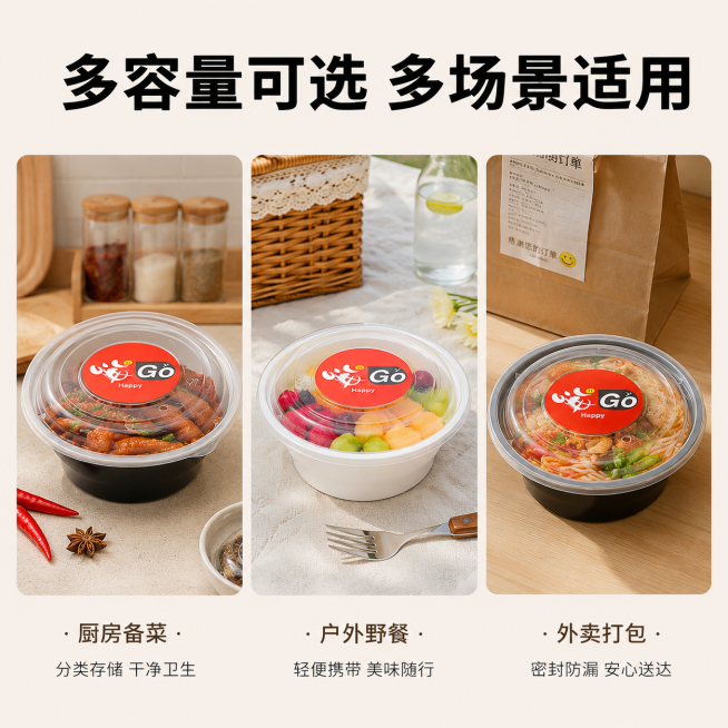「图片1」，生成一套主图（5张），商品名称是高档餐盒，特点：防盗扣设计，加厚设计，密封防漏，高盖可选，食品级pp材质，适配拼多多平台，主图比例为1:1「图片1」「图片1」「图片1」「图片1」「图片1」预览效果