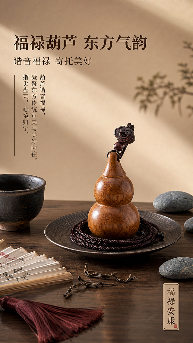 [第6张] 东方寓意页-福禄文化情感共鸣。本张使用【图5】作为东方意境参考。
[氛围/风格] 东方禅意风，茶席意境，情感共鸣，商业摄影质感。
[元素布局] 画面中央葫芦挂坠放置于深色茶碟上，周围布置中式茶盏、折扇、鹅卵石、干茶叶等东方元素；背景为暖棕渐变，营造静谧禅意氛围；葫芦造型、绳结、配饰与输入图一致。
[光影质感] 侧窗柔光，光影柔和，营造午后茶席的静谧感，木质表面温润反光。
[配色色系] 全局底色 #D4B896；主色深棕木色；辅助色赭石、米白、墨黑。
[视角构图] 微俯视，产品居中，周围元素环绕，阅读动线顶部标题→中央产品意境。
[文字版式] 左上主标题「福禄葫芦 东方气韵」，副标题「谐音福禄 寄托美好」；下方竖排小字：「葫芦谐音福禄，凝聚东方传统审美与美好向往。指尖盘玩，心境归宁。」右下角小印章式标签「福禄安康」。
[比例分辨率] 9:16竖版比例，2K分辨率，文字清晰可辨。
[负向提示词] 变形，水印，文字错乱，文字过小，结构错误，颜色偏差，产品图模糊，包装元素