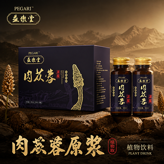 [主图-1]产品整体展示首图，肉苁蓉原浆植物饮料。
[氛围风格]国风品质感，高端黑金滋补风格；
[画质]商业摄影质感、光线柔和通透、产品清晰真实、画面干净高级。
[元素]益墩堂肉苁蓉原浆包装盒和两瓶口服液居中展示，背景融入荒漠肉苁蓉产地自然氛围，浅淡沙漠山脉纹理作为底衬；左上角保留原产品益墩堂logo，保持品牌字形、配色和比例一致，不遮挡产品。保持产品外观（即物理结构、材质质感、颜色）与输入产品图绝对一致，杜绝任何变形和色差，精细化处理。商品主体占比严格控制在70%左右，画面满屏无边框。
[光影]主光为柔和的侧逆光，勾勒产品金色轮廓，呈现通透质感，辅光均匀补光减少阴影，整体光影通透有品质感。
[配色]主色调深邃黑，搭配产品原有金色文字与红色印章，黑金配色高级沉稳。
[视角构图]平视45度斜角，整体居中构图，景深适中，产品完整不裁切。
[文字版式]左上负空间放置原品牌logo，左下主文案大字为“肉苁蓉原浆”，金色书法字体，搭配红色印章装饰“植物萃取”，右侧小字标注“植物饮料”，文字清晰，排版不遮挡产品主体。
[比例分辨率] 1:1比例，4k分辨率；文字清晰可辨，超高清。
[负向提示词]变形，水印，文字错乱，产品图模糊，背景杂乱。