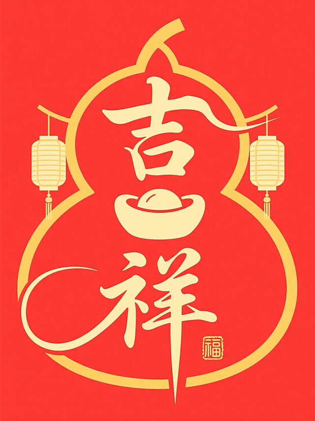 上下排列的书法风格金色“吉祥” 二字，二字中间放置一个米黄色元宝剪影，元宝两侧对称悬挂两个中式传统灯笼剪影，字及元素被葫芦形边框包裹，搭配“福”字印章，红黄色调，红色背景。