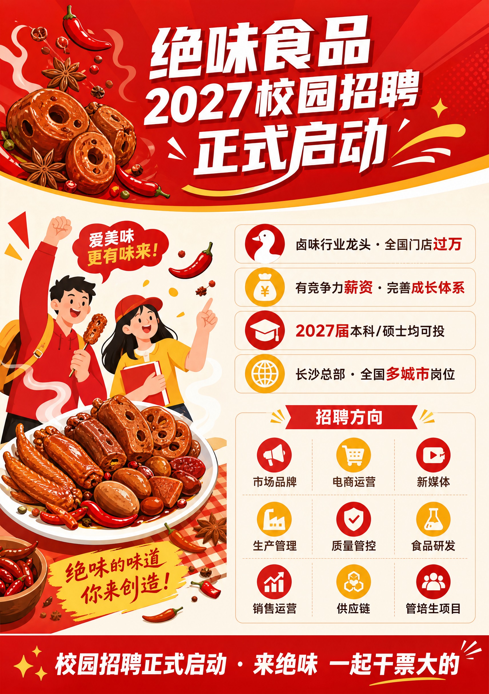 一张竖版校园招聘海报，扁平插画风格，以热情的红色为主色调，搭配… - 图片创意预览
