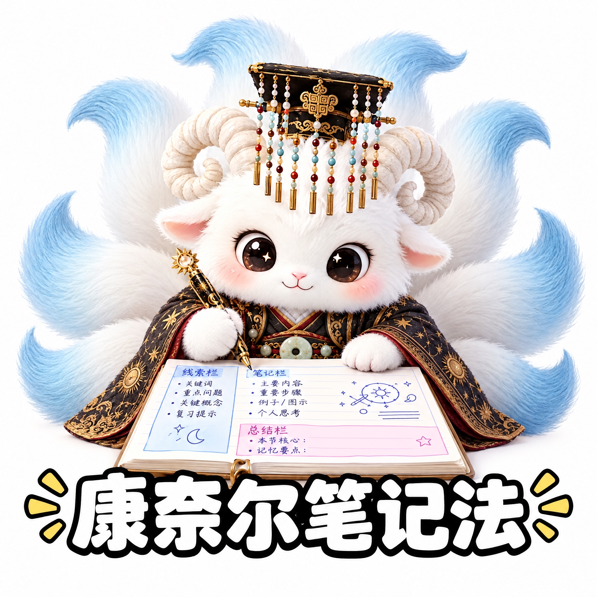 参考图中的白色九尾羊神兽（穿星象汉服、戴冕旒冠），做成可爱表情… - 图片创意预览
