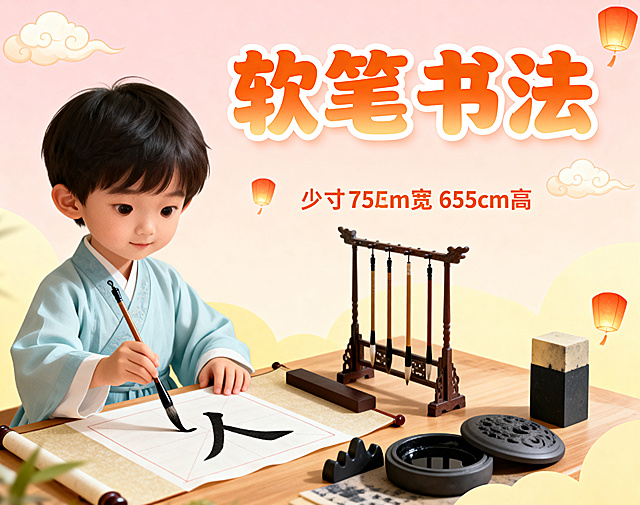 儿童艺术培训系列宣传海报，软笔书法主题，画面包含可爱儿童和书法元素，顶部有醒目标题文字“软笔书法”，整体风格统一温馨，适合少儿兴趣班宣传，95厘米宽75厘米高