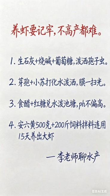 参照示例图片的排版和字体颜色，标题用红色手写字体，正文和落款用蓝色手写字体，白色背景，替换为新内容：
标题：养虾要记牢，不高产都难。
1. 生石灰+烧碱+葡萄糖，泼洒孢子虫。
2. 芽孢+小苏打化水泼预览效果