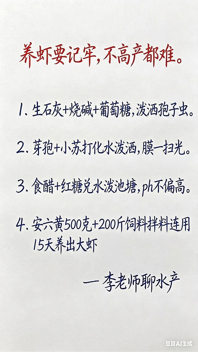参照示例图片的排版和字体颜色，标题用红色手写字体，正文和落款用蓝色手写字体，白色背景，替换为新内容：
标题：养虾要记牢，不高产都难。
1. 生石灰+烧碱+葡萄糖，泼洒孢子虫。
2. 芽孢+小苏打化水泼洒，膜一扫光。
3. 食醋+红糖兑水泼池塘，ph不偏高。
4. 安六黄500克+200斤饲料拌料连用15天养出大虾
落款：—李老师聊水产
要求排版布局合理，一字不差，保持和参考图一致的手写风格和颜色
