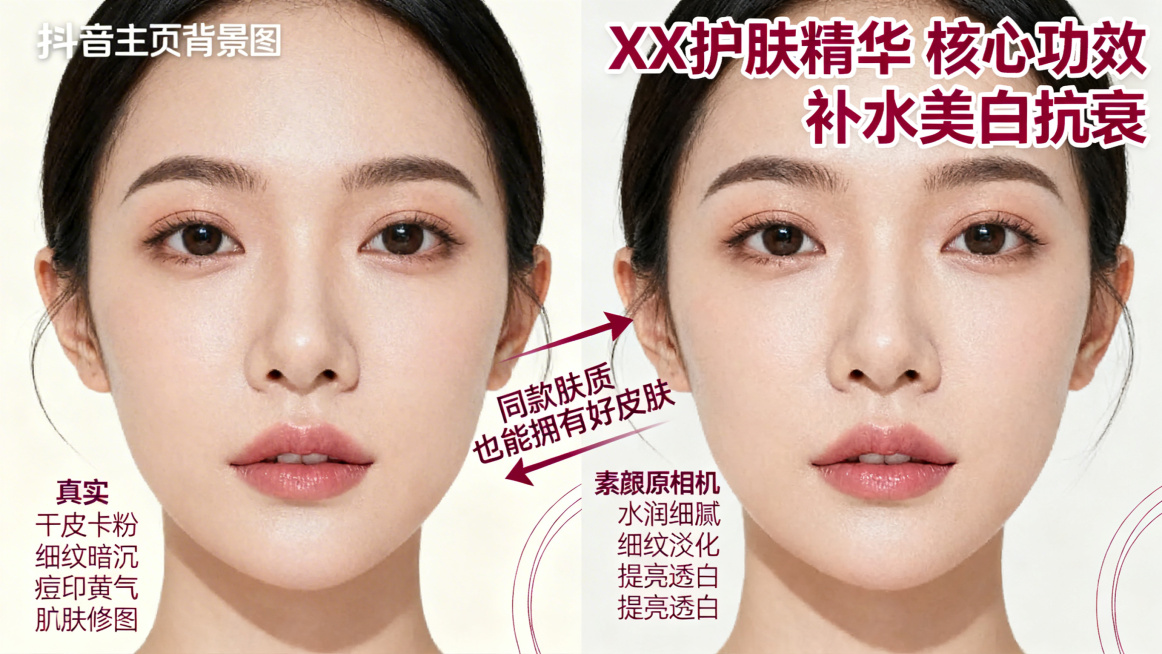抖音主页背景图，美妆护肤精华对比宣传图，整体为左右分屏对比设计，简约奶白色纯色底，搭配简约美妆线条装饰。左侧是同一位博主同角度同光线的素颜原相机脸部特写，真实展示干皮卡粉、细纹暗沉、痘印黄气的肤质痛点预览效果