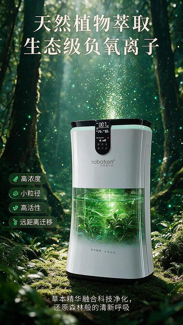 [商品] 使用【图1】robotron负氧离子机正面产品图；保留产品整体结构、银白机身、黑色数显面板、robotron品牌Logo；产品下半部分做透明化处理，内部展示绿色草本植物萃取的可视化效果（参考【图6】的植物萃取创意）。
[画面] 目标：核心功能实测，突出负氧离子四大优势与草本植物萃取技术。构图：竖版9:16，产品居中，占画面约50%，产品下半部透明可见内部绿色植物精华与光效流动，顶部升腾出大量绿色负氧离子粒子向上扩散。背景：森林深处丁达尔光束场景，空气中充满绿色光点粒子，营造高浓度负氧离子氛围。左侧竖向排列四大指标卡片。阅读动线：顶部标题→左侧四大指标→中部产品→底部说明。
[视觉] 套系策略：风格=森林生态自然风+科技感商业摄影；标题字=大气宋体粗体；正文字=现代无衬线体；主色=深森林绿+薄荷青+米白；背景延展=深绿森林+丁达尔光束+大量绿色负氧离子粒子；强调色=薄荷青荧光绿，用于光效、粒子和标签；标题色=米白；正文色=浅米白；组件=圆角半透明深绿指标卡、发光粒子效果；光影=顶部逆光光束+产品内部绿色发光，氛围感强。
[文字] 顶部主标题两行"天然植物萃取""生态级负氧离子"；左侧竖向4个指标卡："高浓度""小粒径""高活性""远距离迁移"；底部说明文字"草本精华融合科技净化，还原森林般的清新呼吸"；文字均为横排，不遮挡产品核心。
[规格] 图片比例9:16竖版，分辨率1K，淘宝/天猫详情页风格，避免变形、错字、文字过小、产品结构失真、冷蓝调。