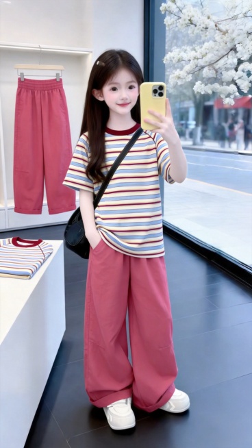 用图1短袖和裤子替换掉图2的模特身上穿的衣服裤子和旁边桌子上折叠的衣服以及后方衣架上挂着的衣服，保留原场景光影，保持图2的人物的五官和发饰不变，姿势不变，背景不变，图片宽高尺寸不变，保持图1的短袖和预览效果