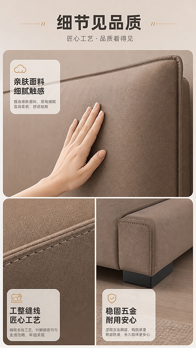 [商品] 使用【图1】高饱满软包落地床；商品处理：保留床头双软包靠枕、整体床架结构、奶茶棕颜色、布艺质感、落地围边设计；自然理顺面料褶皱，增强缝线与面料纹理质感，不改变版型和结构。重点展示面料纹理、缝线工艺、五金细节。
[画面] 目标：细节工艺品质证明，展示面料、缝线、五金等细节。构图：三宫格布局，上1大格+下2小格，顶部文案条。景别：微距特写+局部特写。上格：床头软包面料微距特写，手指轻触面料，展示纹理质感；左下格：缝线工艺特写，整齐的车线细节；右下格：床脚五金件特写，稳固落地结构。
[视觉] 套系策略：风格=现代轻奢温馨家居商业摄影；标题字=现代无衬线粗黑体；正文字=简洁无衬线体；主色=奶茶棕+暖米白；背景延展=基于暖米白做深浅层级、同色渐变和细腻墙漆/织物质感；强调色=浅金棕，仅用于小面积图标、引线和标签；标题色=深棕灰；正文色=中暖灰；组件=圆角浅底信息卡、细线引线、胶囊形卖点框；光影=柔和侧光，突出材质纹理和工艺细节。
[文字] 顶部文案条主标题「细节见品质」，上格标注「亲肤面料 细腻触感」，左下格标注「工整缝线 匠心工艺」，右下格标注「稳固五金 耐用安心」。每格配1-2行简短说明文字。
[规格] 图片比例9:16竖版，4K分辨率，避免变形、错字、文字过小、冷蓝/蓝灰背景、床颜色改变、结构失真、极限词。
