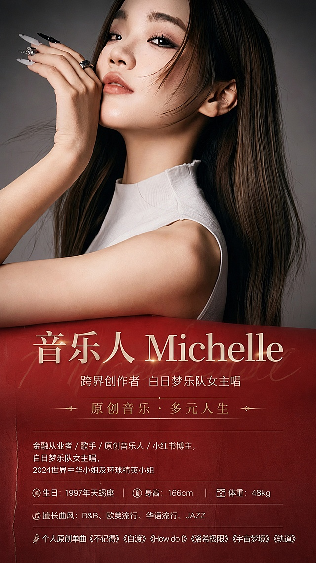 基于输入图生成高端音乐人介绍海报，保留原人物肖像，将提供的介绍文案放置在图片下方红色区域，要求排版布局清晰合理，高端简约风格。主标题为"音乐人 Michelle"，副标题为"跨界创作者 白日梦乐队女主唱"，装饰文案为"原创音乐 · 多元人生"，正文个人介绍文案：金融从业者/歌手/原创音乐人/小红书博主，白日梦乐队女主唱，2024世界中华小姐及环球精英小姐，生日：1997年天蝎座，身高：166cm，体重：48kg，擅长曲风：R&B、欧美流行、华语流行、JAZZ，个人原创单曲《不记得》《自渡》《How do I》《洛希极限》《宇宙梦境》《轨道》。所有文字清晰可读，布局高级精致，画面整体质感高级，配色协调，保留原图片灰红调高级感。