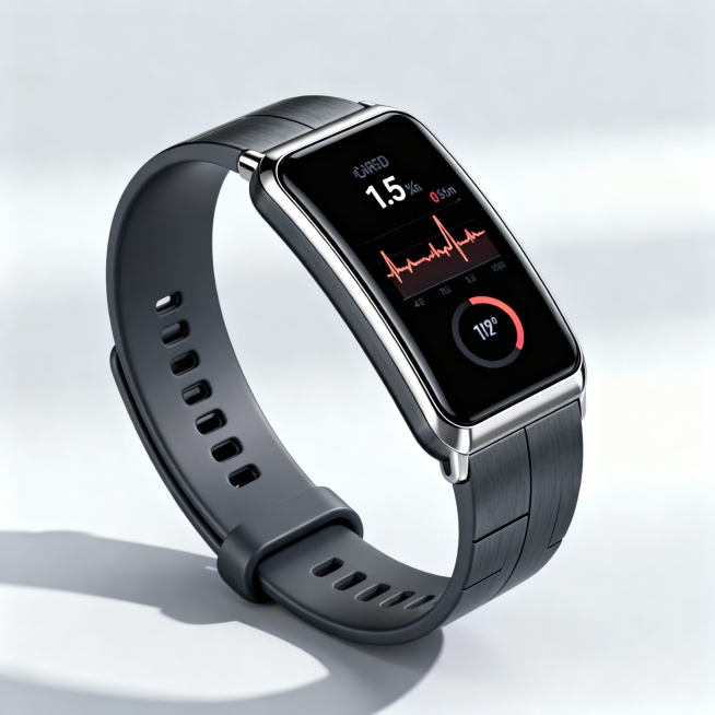 请帮我生成智能手环的产品概念图：
1. 极简产品主视觉
提示词： 一款极简设计的智能手环，特写。手环主体为深空灰色陶瓷材质，一体成型，搭配一块1.5英寸的曲面矩形AMOLED触控屏幕，屏幕正显示着简洁预览效果