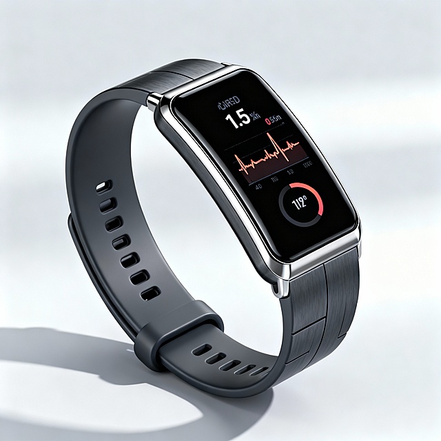 请帮我生成智能手环的产品概念图：
1. 极简产品主视觉
提示词： 一款极简设计的智能手环，特写。手环主体为深空灰色陶瓷材质，一体成型，搭配一块1.5英寸的曲面矩形AMOLED触控屏幕，屏幕正显示着简洁的实时心率波形图和步数。侧面有一道抛光金属细边。产品单独置于浅灰白色渐变背景上，有柔和的长阴影。画面极度干净，焦点清晰，采用专业产品摄影布光，质感高级，8K分辨率，商业广告风格。
2. 佩戴与交互场景
提示词： 智能手环佩戴在手腕上的场景，视角为俯视。手腕皮肤健康，手环为哑光黑色液态硅胶表带，搭配银色铝合金中框。屏幕界面正在展示睡眠质量分析图表（深色背景，彩色波形图）。背景是虚化的清晨卧室窗景，光线柔和。整体氛围宁静、专业，突出健康监测功能，画面信息简洁，无多余元素。
3. 运动数据动态展示
提示词： 智能手环的3/4侧面视角，手环漂浮于干净的纯白色空间。手环屏幕亮起，显示着骑行运动的实时数据面板（时速、里程、心率）。从手环传感器处散发出非常细微、克制的蓝色动态光线粒子，象征数据流动与采集。整体为未来感、概念化的科技美学，构图平衡，色彩以黑、白、科技蓝为主，极度简洁高级。
4. 健康数据可视化概念
提示词： 产品概念图：一个极简的黑色智能手环平放在浅米色麻纹背景上。在手环上方，以优雅的悬浮、半透明线状图形式，可视化展示“过去一周血氧饱和度趋势”和“不同运动模式能量消耗对比”。数据图表设计极其简约，与产品本身形成关联。画面充满呼吸感，突出数据分析与展示功能，风格现代且学术。
5. 高级材质与生活方式
提示词： 一张高级静物摄影，智能手环置于天然浅色橡木桌面上。手环采用淡金色钛金属表壳，搭配深海蓝磁吸编织表带。屏幕显示着极简的数字时钟和日期。旁边放着一杯清水和一株很小的绿植。自然侧光，焦点在手环，背景温柔虚化。整体传递出关注健康与品质生活的宁静、精致美感，无任何文字标识。