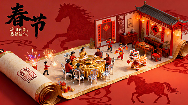 绢本手卷Maya三维制作，铺陈的绢本手卷，卷面展现有全家围坐银椅子，纯金圆桌吃年夜饭的温馨场面，有放花放炮的，有贴春联，挂灯笼的，有舞狮子的，有扭秧歌的等，中国新年传统文化活动。卷首篆刻“春节”及“CHINA”标识，构图灵动，配色浓郁热烈，充满市井烟火气。运用Maya三维制作，表面处理为哑光效果，侧光烘托层次，背景红色，上面有暗红色马匹剪影纹路，画面左上角毛笔大字“春节”，小字“辞旧迎新，恭贺新年”。超高清画质，纤毫毕现，史诗级视角，精品。精致的中式家居环境，红木家具，传统装饰，人物表情生动，动作自然。整体色调以中国红为主，搭配金色、橙色暖光，营造出浓郁的春节氛围。绢本手卷Maya三维制作，铺陈的绢本手卷，卷面展现全家围坐银椅子，纯金圆桌吃年夜饭的温馨场面，卷首篆刻“春节”及“CHINA”标识，构图灵动，配色浓郁热烈，充满市井烟火气。运用Maya三维制作，表面处理为哑光效果，侧光烘托层次，背景红色，上面有暗红色马匹剪影纹路，画面左上角毛笔大字“春节”，小字“辞旧迎新，恭贺新年”。超高清画质，纤毫毕现，史诗级视角，精品。精致的中式家居环境，红木家具，传统装饰，人物表情生动，动作自然。整体色调以中国红为主，搭配金色、橙色暖光，营造出浓郁的春节氛围。