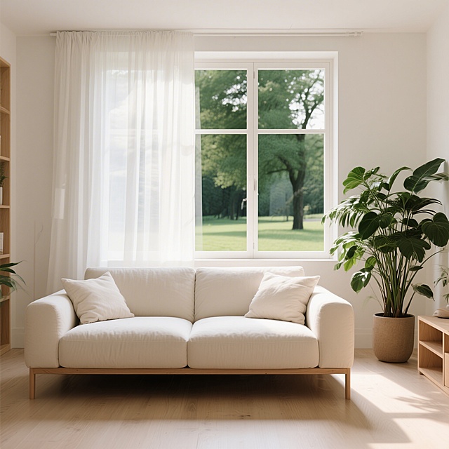 明亮的北欧风格客厅室内场景，极简主义设计，米白色布艺沙发配蓬松靠垫，窗边垂落的白色半透明纱帘，柔和采光，左侧摆放茂盛的绿色室内植物，窗外是模糊的绿色树木和草地，整体色调以米白、浅木色和绿色为主，光线柔和，营造出清新、宁静、通透的阴凉居家氛围，扁平化设计风格，简洁的线条，柔和的色彩过渡，低饱和度，无明显纹理细节，强调色块与光影的平面构成感