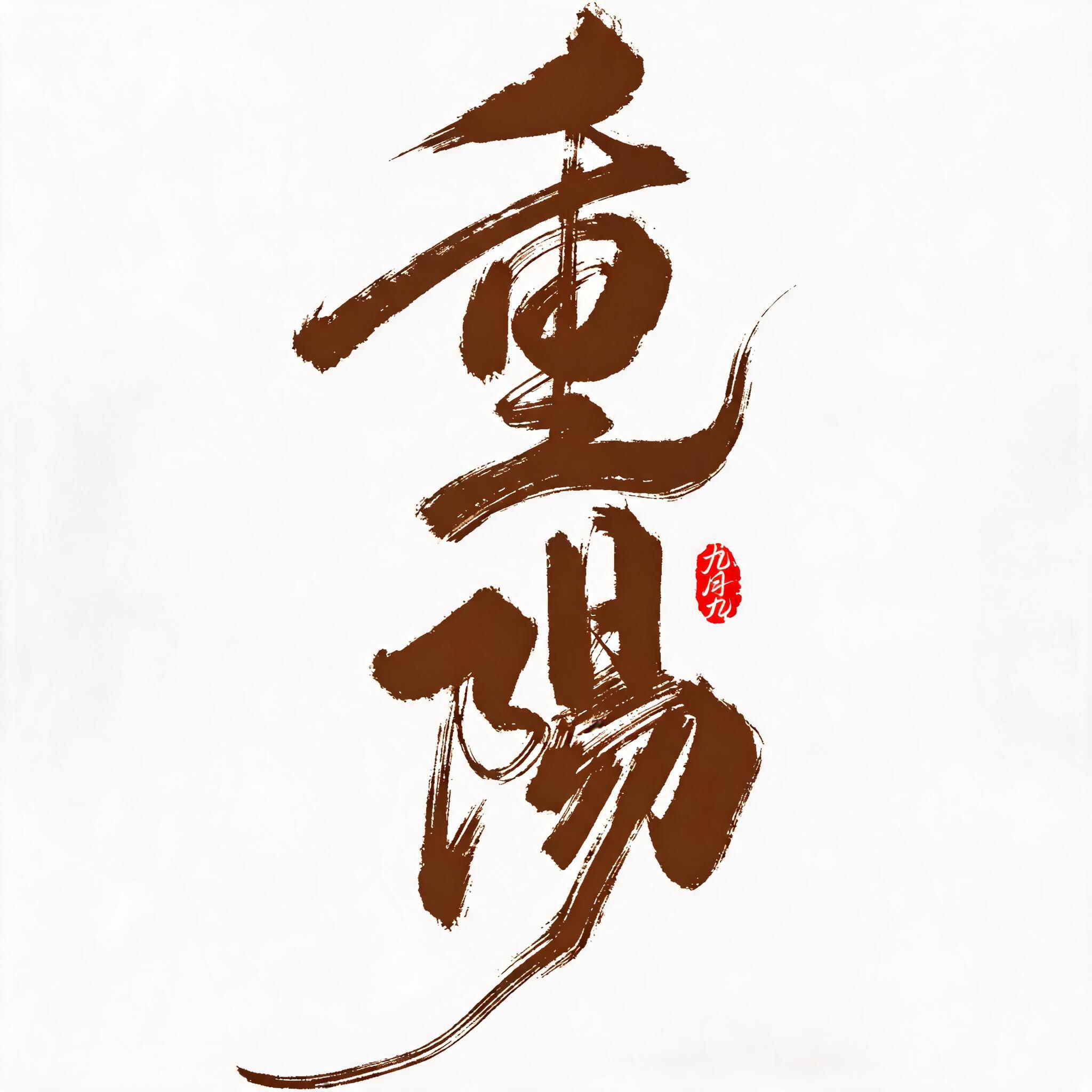 重阳节九九祝福日签海报。画面主体为棕色毛笔书法重阳二字，右侧配… - 图片创意预览