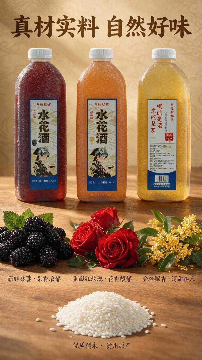 [商品] 使用产品图阿依妞妞水花酒三瓶装组合，从左到右依次是桑… - 图片创意预览