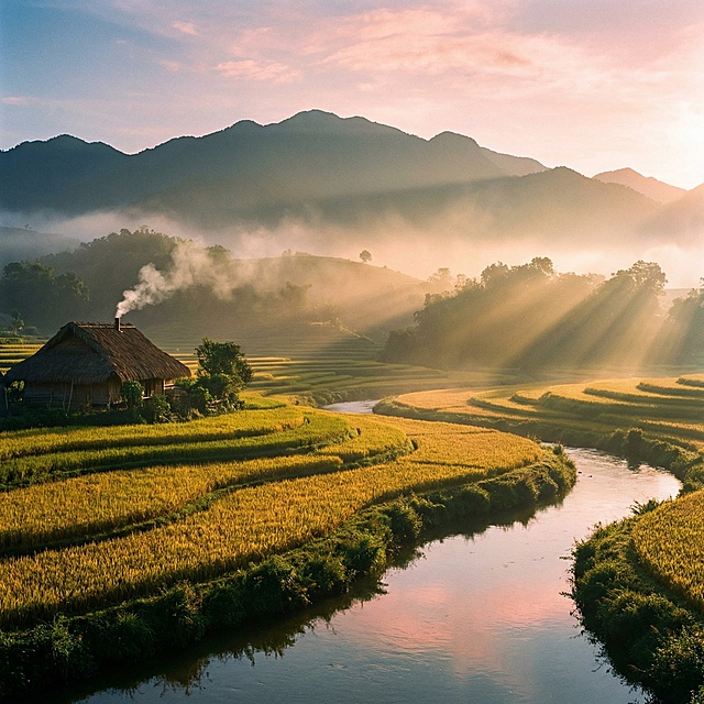 晨曦时分的田园山野。远处群山如黛，薄雾笼罩山腰。近处田野金黄，稻浪翻涌。一条小溪蜿蜒穿过画面中央，水面倒映朝霞。左侧有茅草屋炊烟袅袅。色调以青绿金黄为主，晨光斜射。