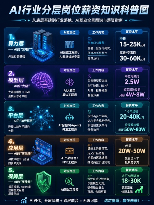 制作AI行业分层岗位薪资知识科普图，3:4竖版。包含5个分层内容：
1.⚡ 算力层——AI的“发电厂”：AI运行的基础，对应岗位AI运维工程师 / AI基础设施专家，工作内容负责GPU集群部署、监控与预览效果