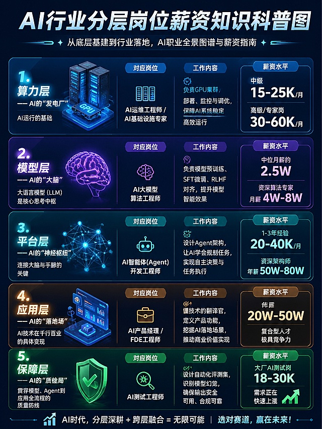 制作AI行业分层岗位薪资知识科普图，3:4竖版。包含5个分层内容：
1.⚡ 算力层——AI的“发电厂”：AI运行的基础，对应岗位AI运维工程师 / AI基础设施专家，工作内容负责GPU集群部署、监控与调优，薪资：中级15-25K/月，高级/专家岗 30-60K
2.🧠 模型层——AI的“大脑”：大语言模型（LLM）是核心思考中枢，对应岗位AI大模型算法工程师，工作内容负责模型预训练、SFT微调、RLHF对齐，薪资：中位月薪约2.5W；资深算法专家月薪4W-8W
3.🔗 平台层——AI的“神经枢纽”：连接大脑与手脚的关键，对应岗位AI智能体(Agent)开发工程师，工作内容设计Agent架构，让AI学会规划任务，实现自主决策，薪资：1-3年经验 20-40K/月，资深架构师年薪50W-80W
4.🛠️ 应用层——AI的“落地场”：AI技术在千行百业的具体变现，对应岗位AI产品经理/FDE工程师，工作内容懂技术的翻译官，定义产品功能，挖掘AI落地场景，薪资：年薪20W-50W，复合型人才极具竞争力
5.🛡️ 保障层——AI的“质检局”：贯穿模型、Agent到应用全流程的质量防线，对应岗位AI测试工程师，工作内容设计自动化评测集，识别模型幻觉，确保输出安全可用，薪资：大厂AI测试岗 18-30K，需求正在快速上涨
整体排版清晰，科技风配色，信息层级分明，突出薪资和岗位信息