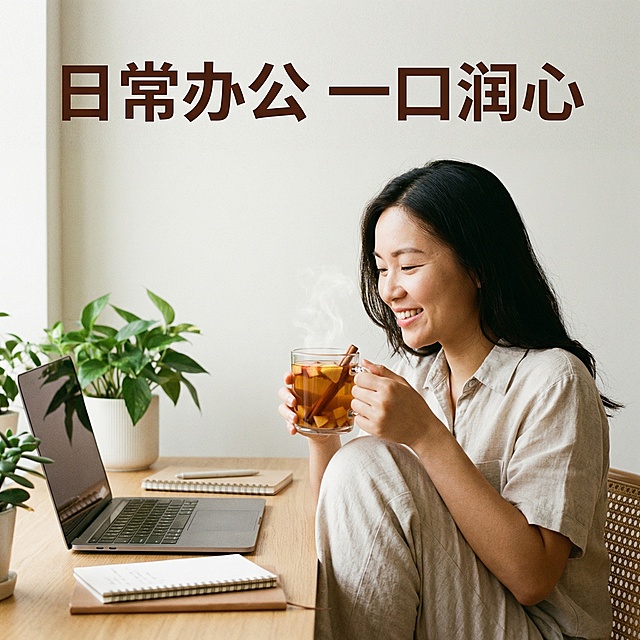 [主图 4] 果香肉桂茶叶场景体验展示，氛围为休闲惬意的居家办公场景，画面元素：一位穿着简约休闲服装的亚洲女性，手捧着盛有果香肉桂茶的透明玻璃杯，背景是干净整洁的办公桌面，摆放笔记本电脑和绿植，营造日常办公品茶的舒适氛围，保持产品真实质感。配色色系：暖调浅色系，原木色桌面，米白背景，自然柔和。视角构图：平视抓拍视角，人物自然互动，景深适中，主体突出。文字版式：顶部标题“日常办公 一口润心”，深棕色字体居中悬浮，不遮挡人物面部和产品，风格统一，1:1比例。